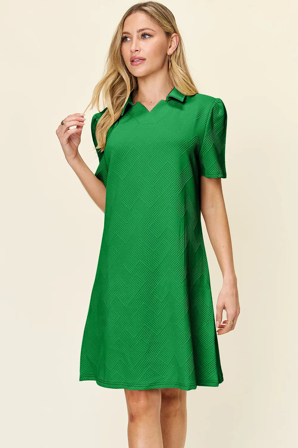 Double Take Full Size Texture Collared Neck Short Sleeve Dress - Velora Luxury Fashion
