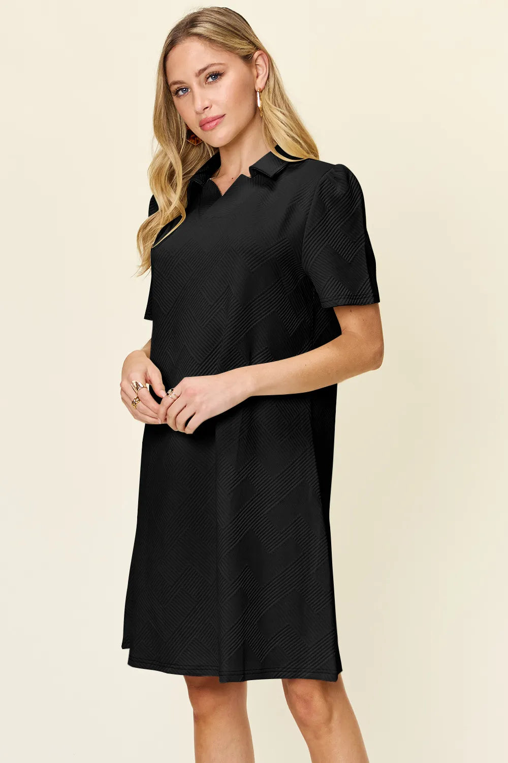 Double Take Full Size Texture Collared Neck Short Sleeve Dress - Velora Luxury Fashion