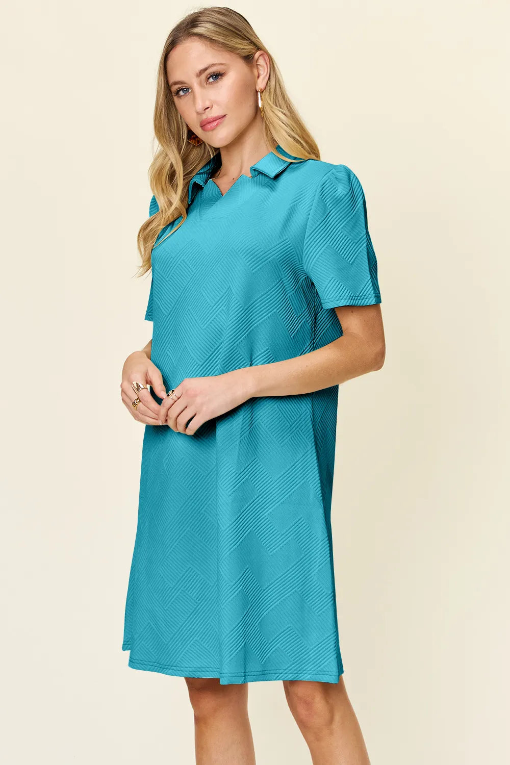 Double Take Full Size Texture Collared Neck Short Sleeve Dress - Velora Luxury Fashion