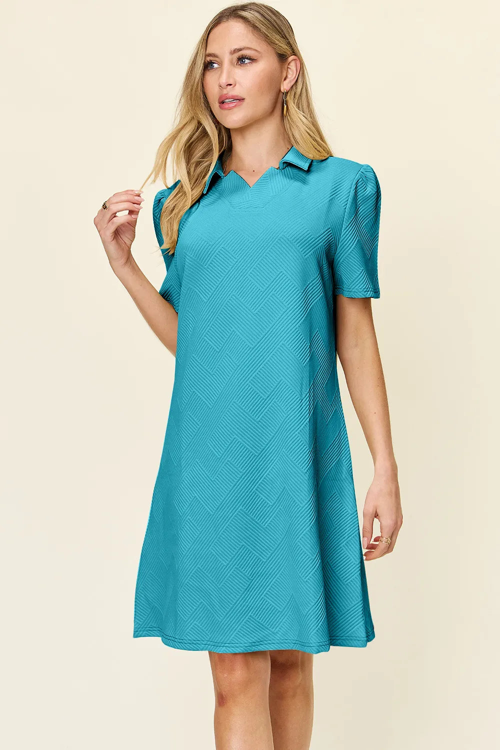 Double Take Full Size Texture Collared Neck Short Sleeve Dress - Velora Luxury Fashion