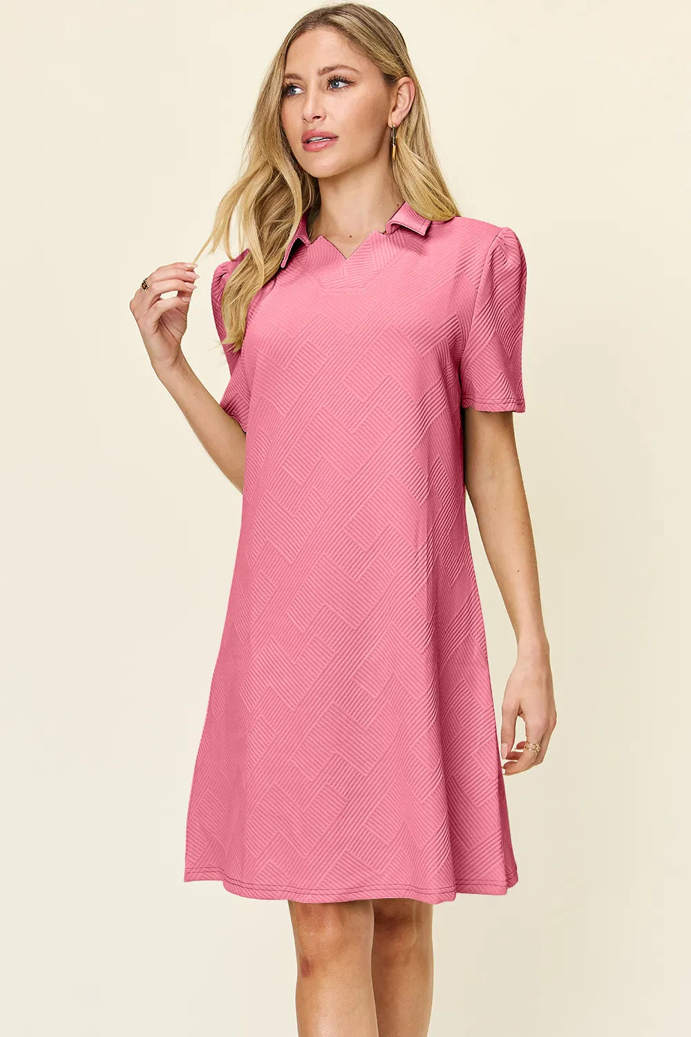 Double Take Full Size Texture Collared Neck Short Sleeve Dress - Velora Luxury Fashion