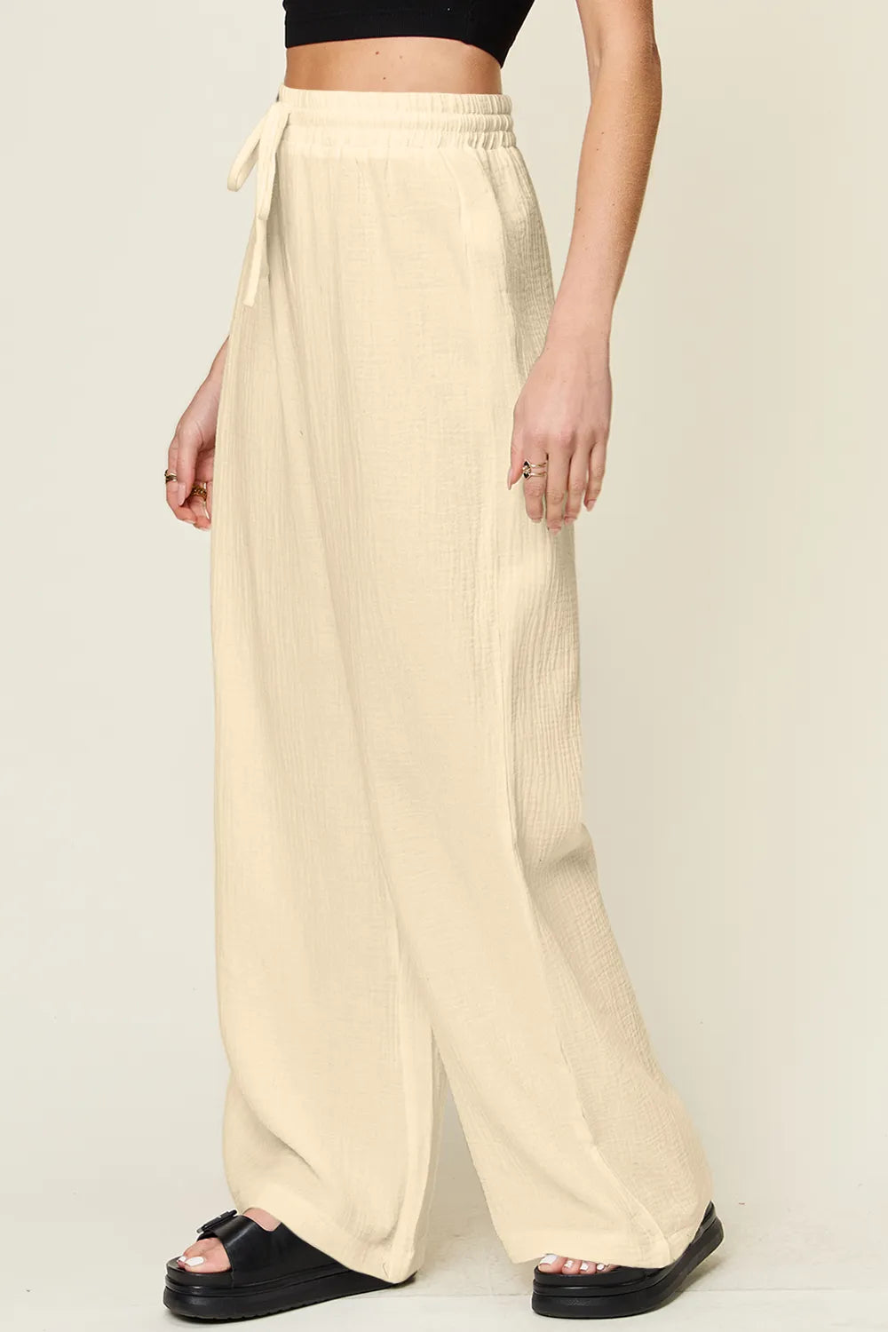 Double Take Full Size Texture Drawstring Wide Leg Pants - Velora Luxury Fashion