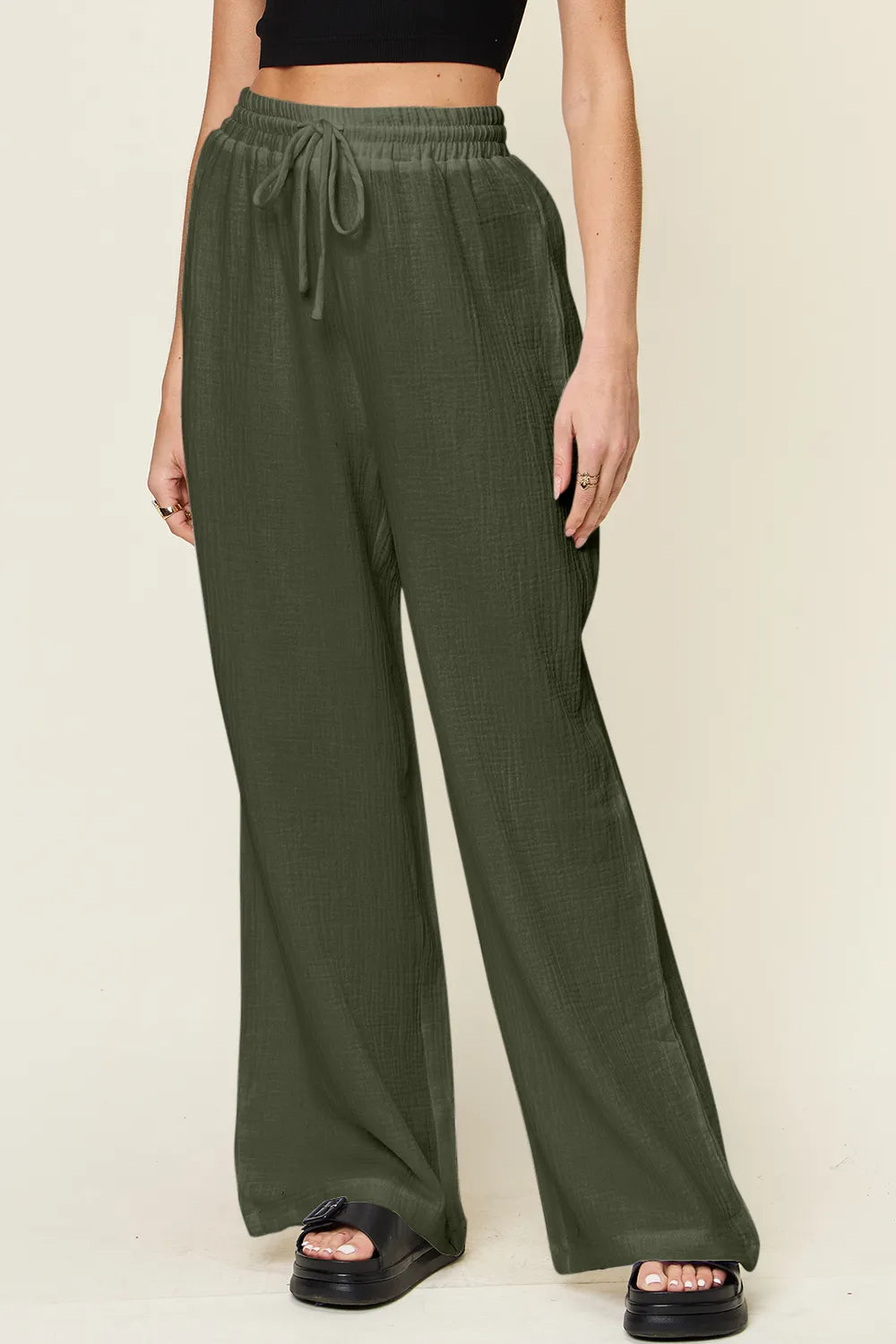 Double Take Full Size Texture Drawstring Wide Leg Pants - Velora Luxury Fashion