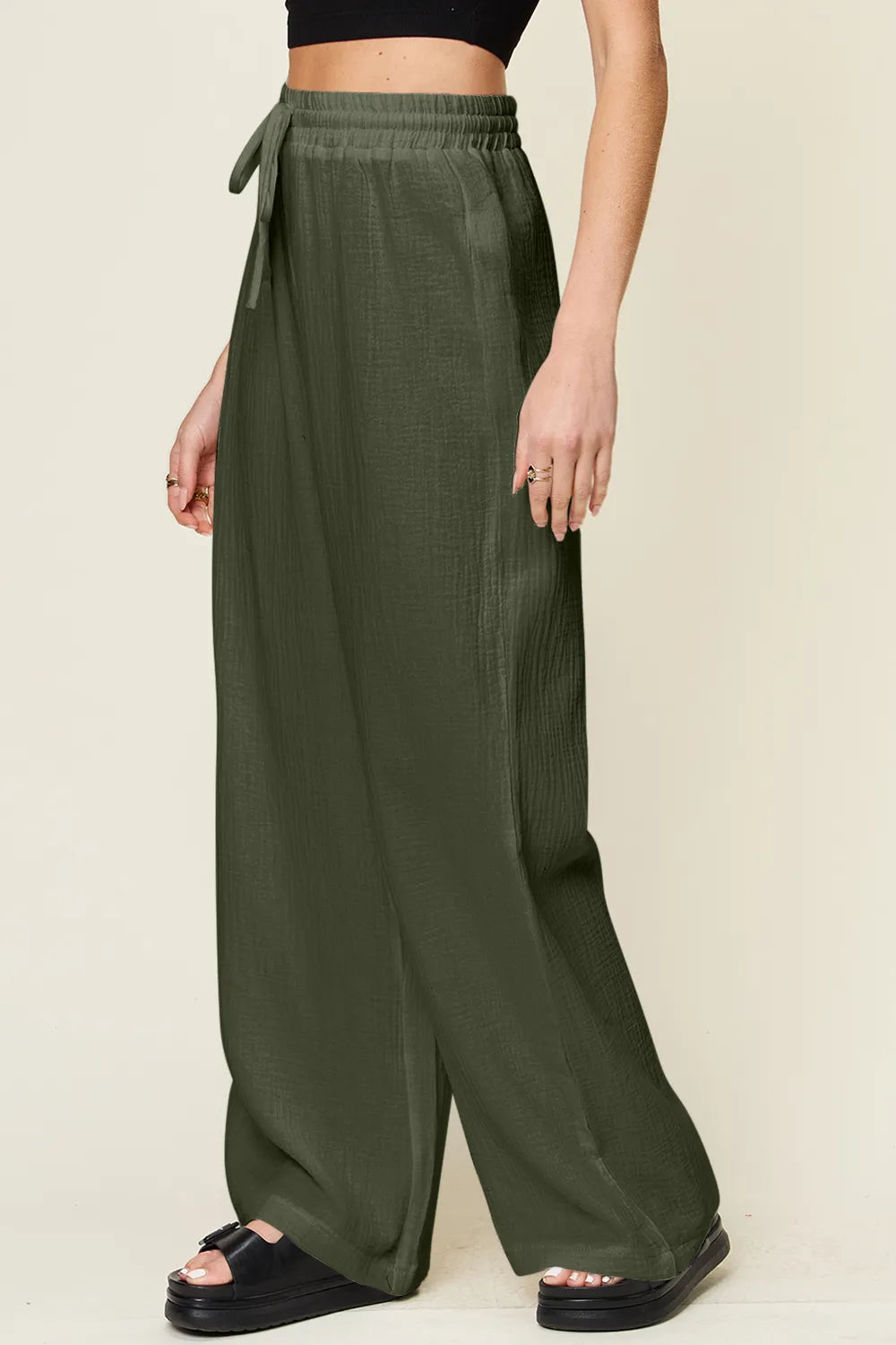 Double Take Full Size Texture Drawstring Wide Leg Pants - Velora Luxury Fashion