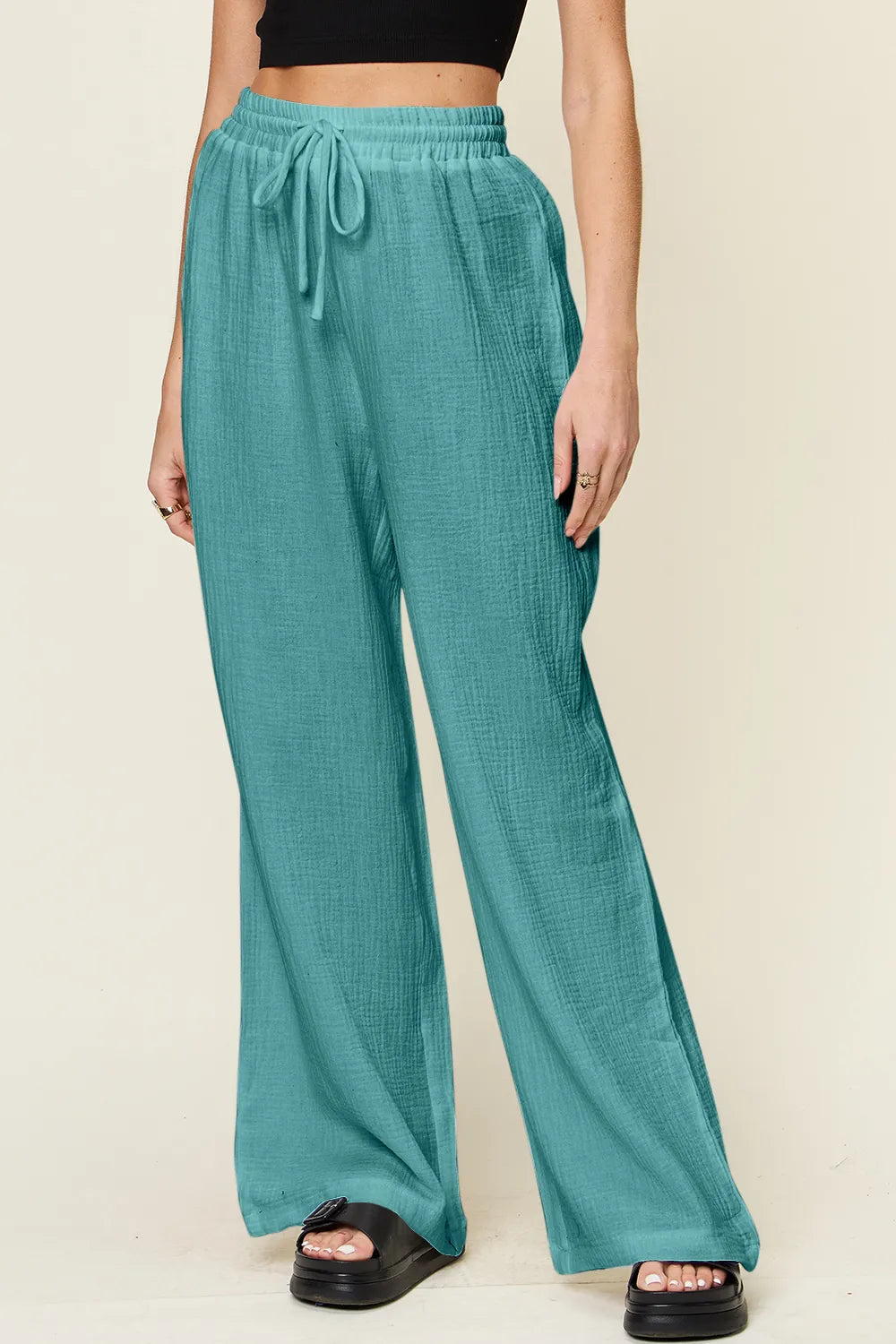 Double Take Full Size Texture Drawstring Wide Leg Pants - Velora Luxury Fashion