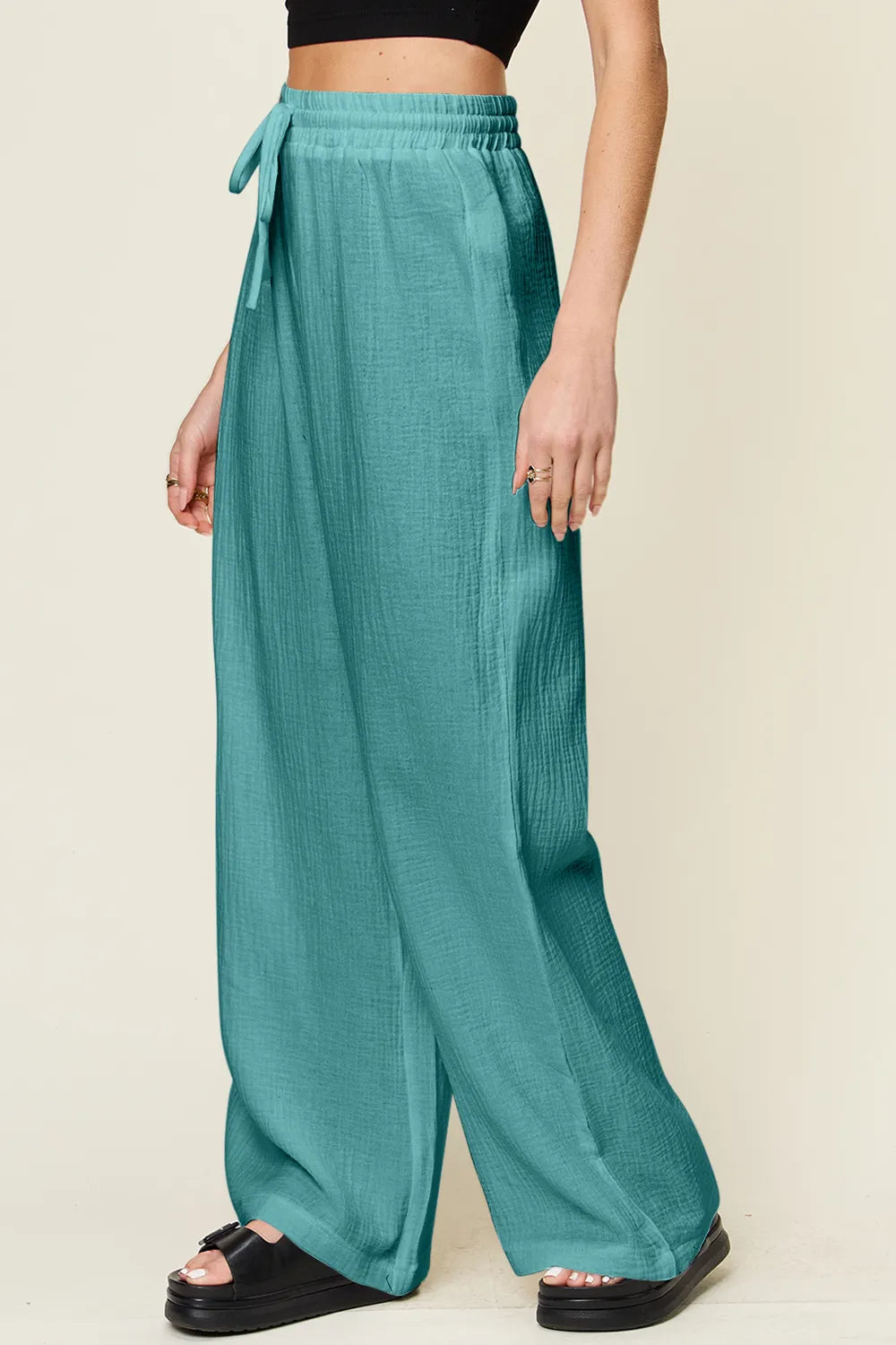 Double Take Full Size Texture Drawstring Wide Leg Pants - Velora Luxury Fashion