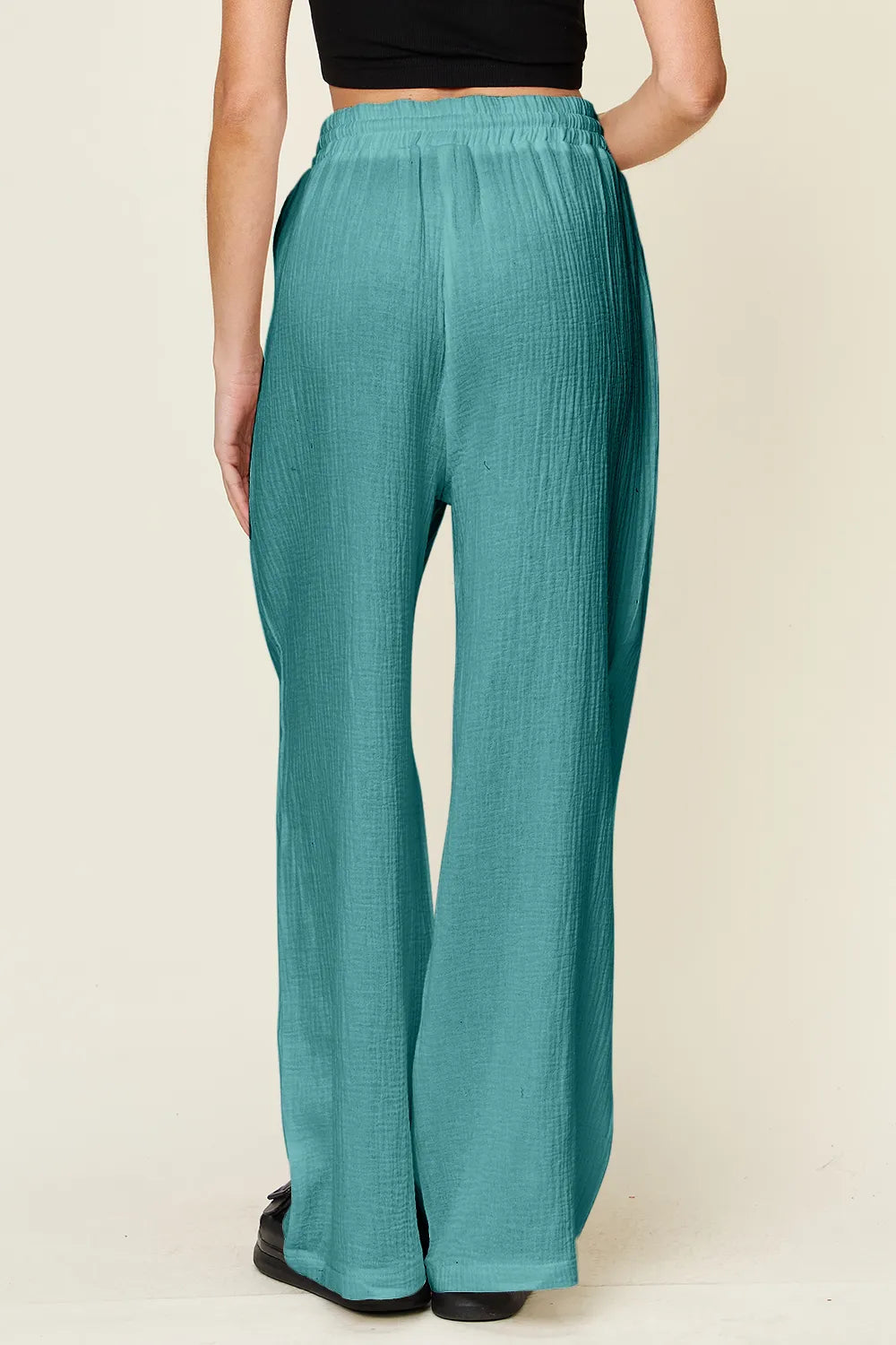 Double Take Full Size Texture Drawstring Wide Leg Pants - Velora Luxury Fashion