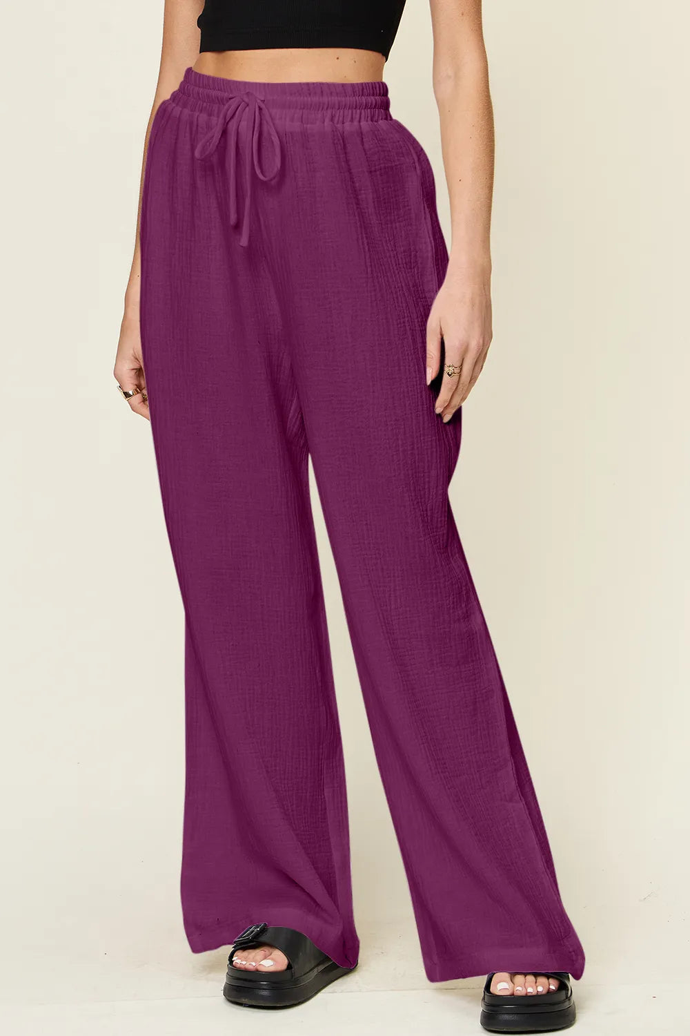 Double Take Full Size Texture Drawstring Wide Leg Pants - Velora Luxury Fashion