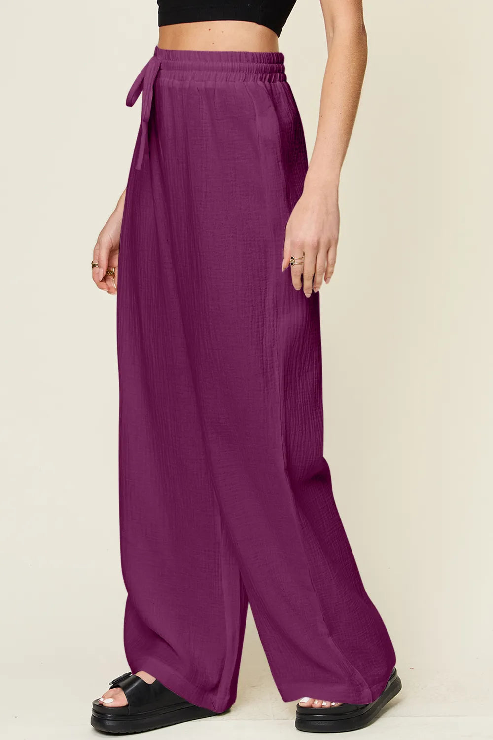 Double Take Full Size Texture Drawstring Wide Leg Pants - Velora Luxury Fashion