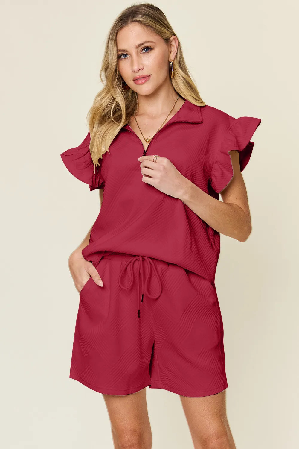 Double Take Full Size Texture Flounce Sleeve Top and Drawstring Shorts Set - Velora Luxury Fashion