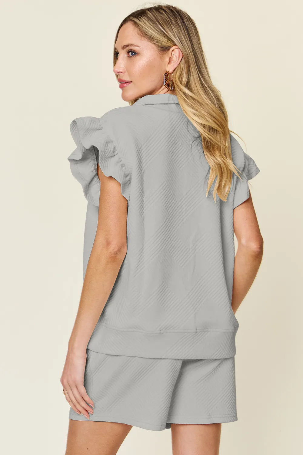 Double Take Full Size Texture Flounce Sleeve Top and Drawstring Shorts Set - Velora Luxury Fashion