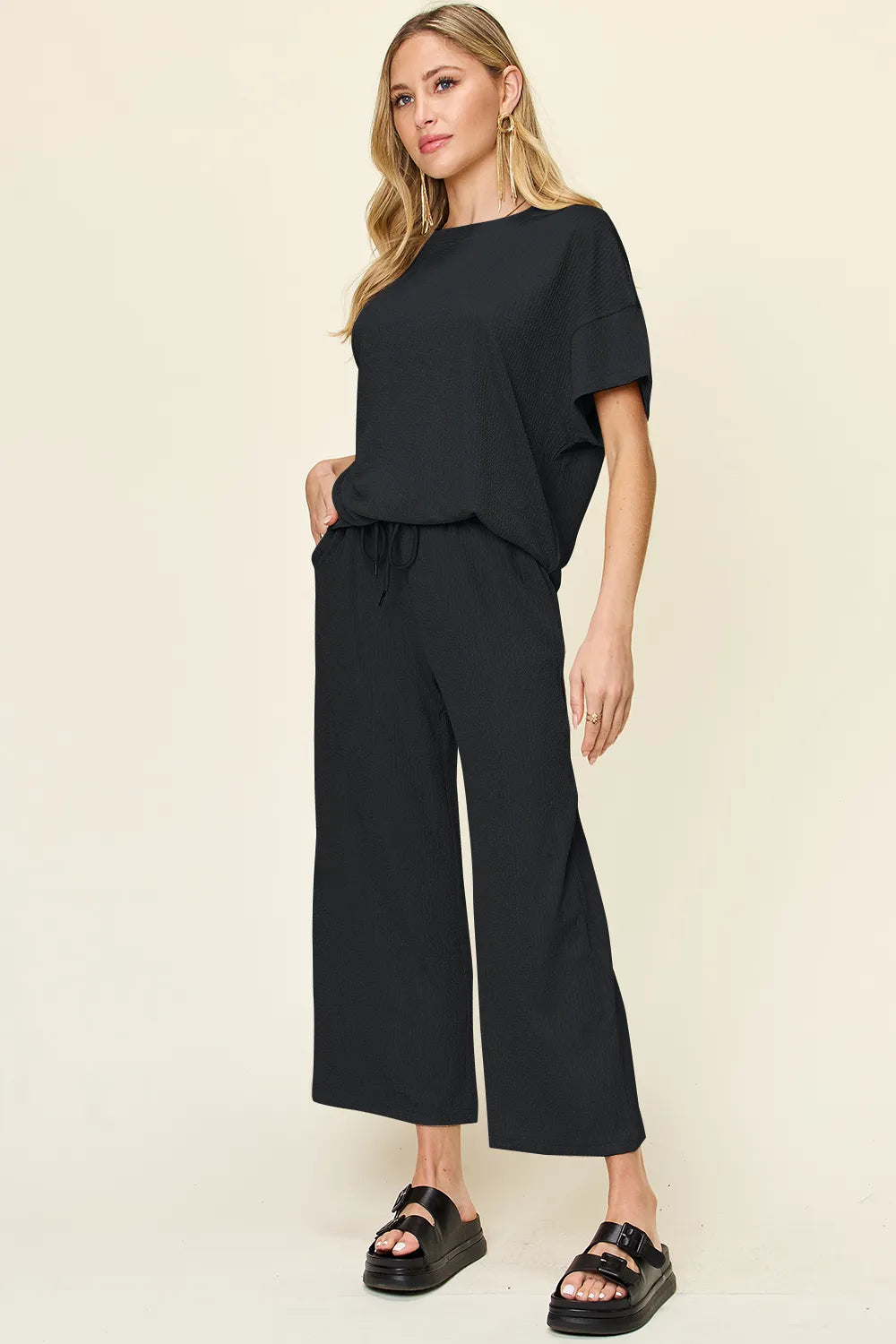 Double Take Full Size Texture Round Neck Short Sleeve T-Shirt and Wide Leg Pants - Velora Luxury Fashion