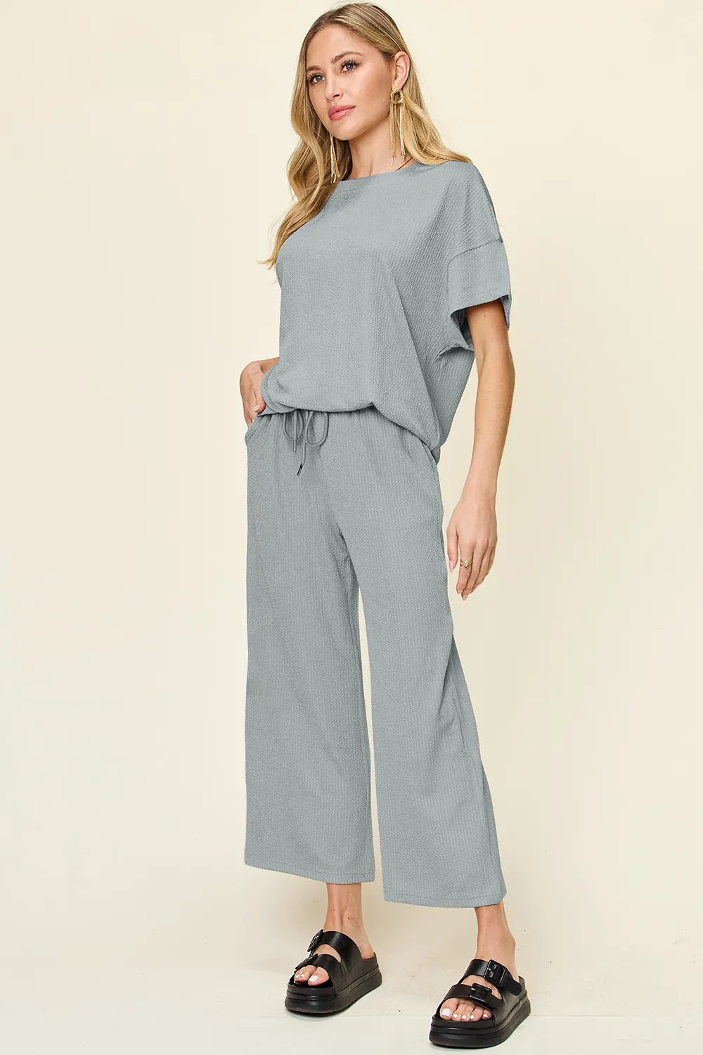 Double Take Full Size Texture Round Neck Short Sleeve T-Shirt and Wide Leg Pants - Velora Luxury Fashion