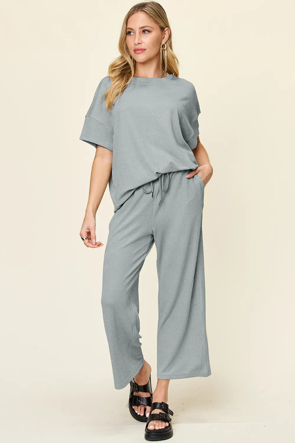 Double Take Full Size Texture Round Neck Short Sleeve T-Shirt and Wide Leg Pants - Velora Luxury Fashion