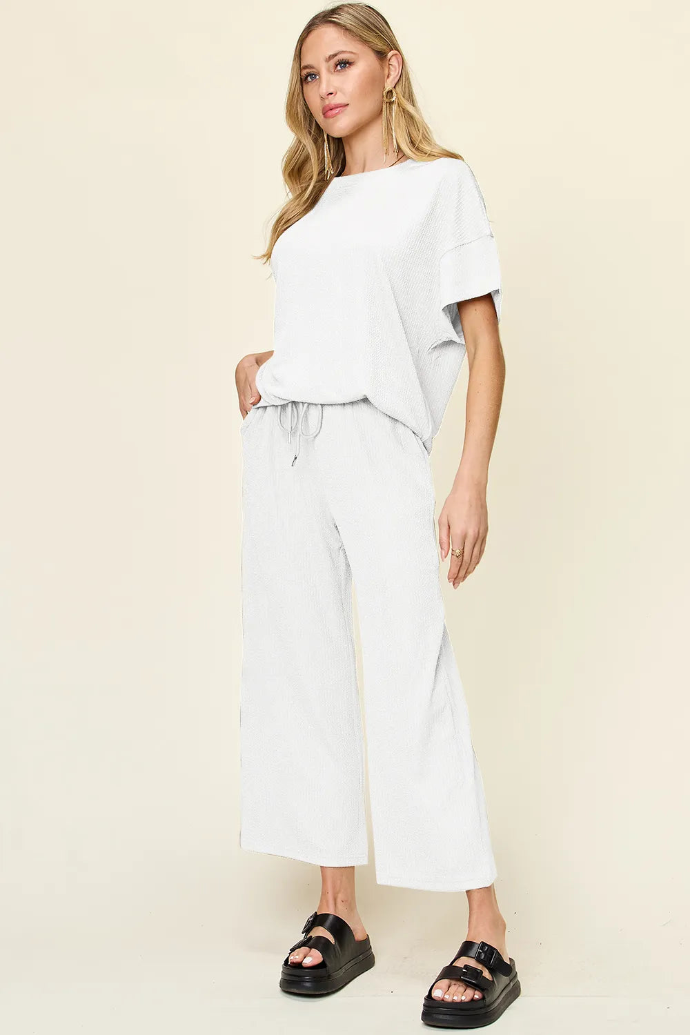 Double Take Full Size Texture Round Neck Short Sleeve T-Shirt and Wide Leg Pants - Velora Luxury Fashion
