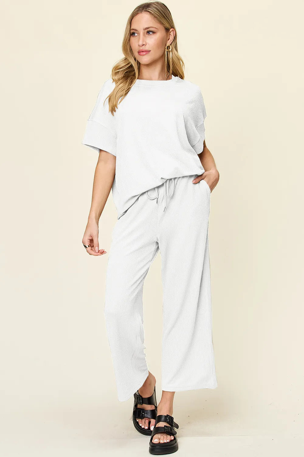 Double Take Full Size Texture Round Neck Short Sleeve T-Shirt and Wide Leg Pants - Velora Luxury Fashion
