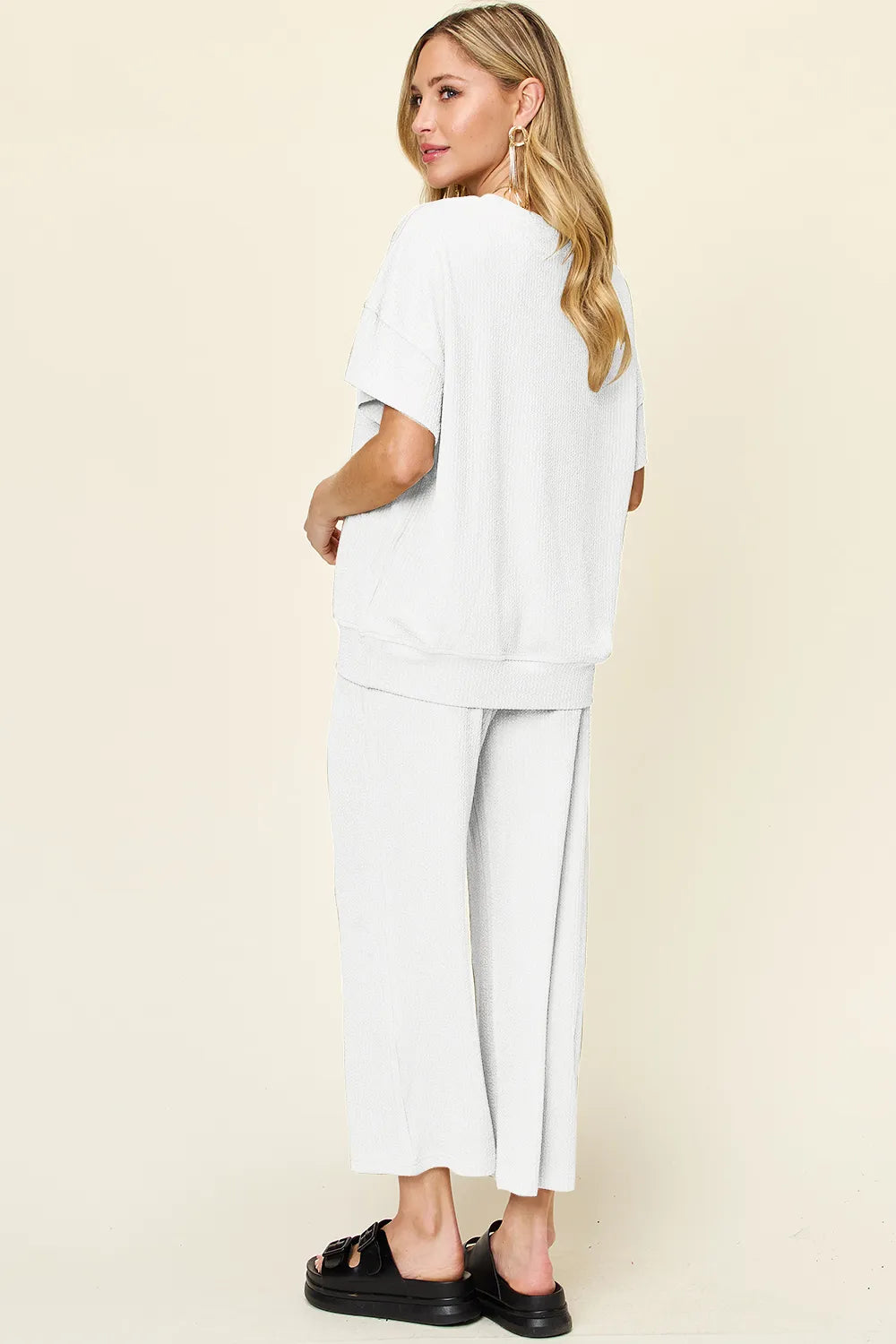Double Take Full Size Texture Round Neck Short Sleeve T-Shirt and Wide Leg Pants - Velora Luxury Fashion