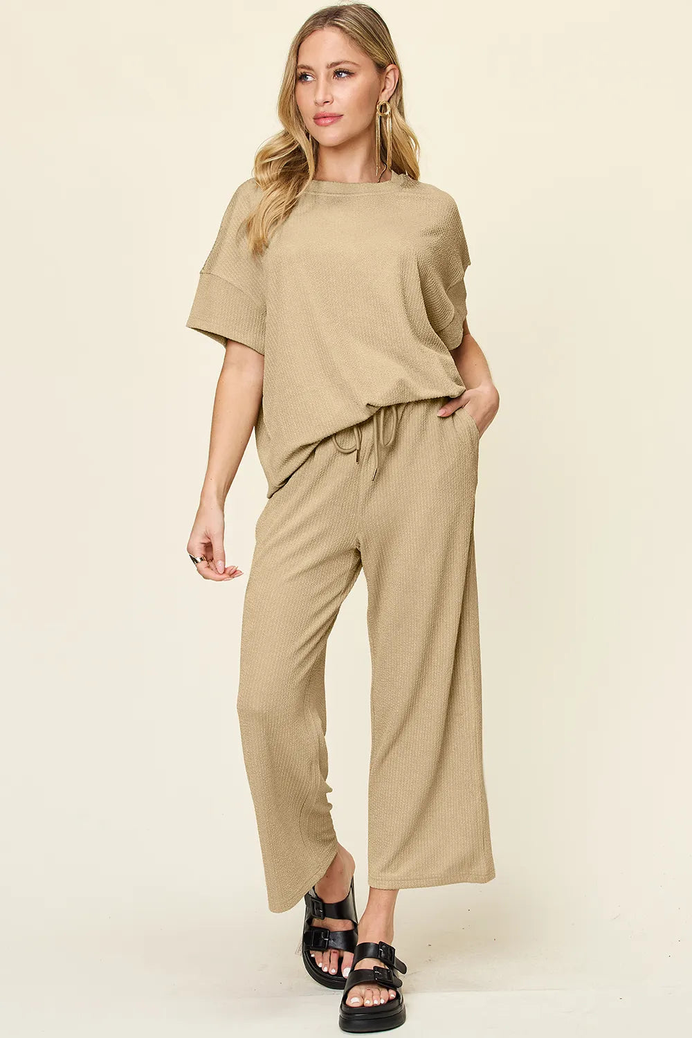 Double Take Full Size Texture Round Neck Short Sleeve T-Shirt and Wide Leg Pants - Velora Luxury Fashion