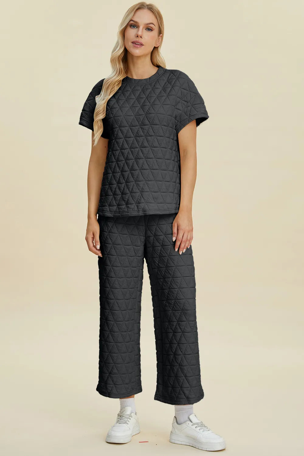 Double Take Full Size Texture Round Neck Short Sleeve Top and Pants Set - Velora Luxury Fashion