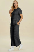 Double Take Full Size Texture Round Neck Short Sleeve Top and Pants Set - Velora Luxury Fashion