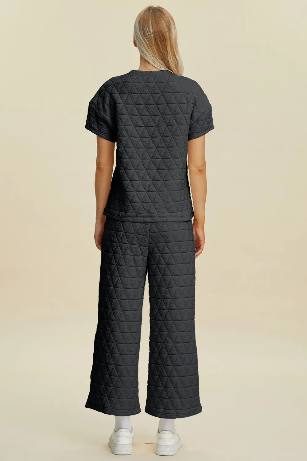 Double Take Full Size Texture Round Neck Short Sleeve Top and Pants Set - Velora Luxury Fashion