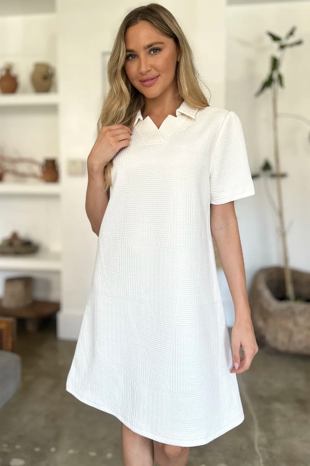 Double Take Full Size Texture Short Sleeve Dress - Velora Luxury Fashion