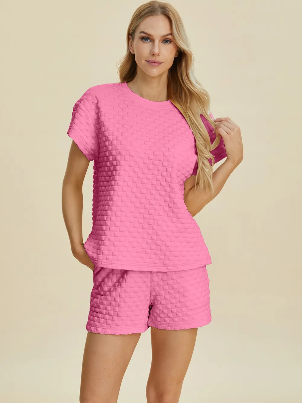 Double Take Full Size Texture T-Shirt and Shorts Set - Velora Luxury Fashion