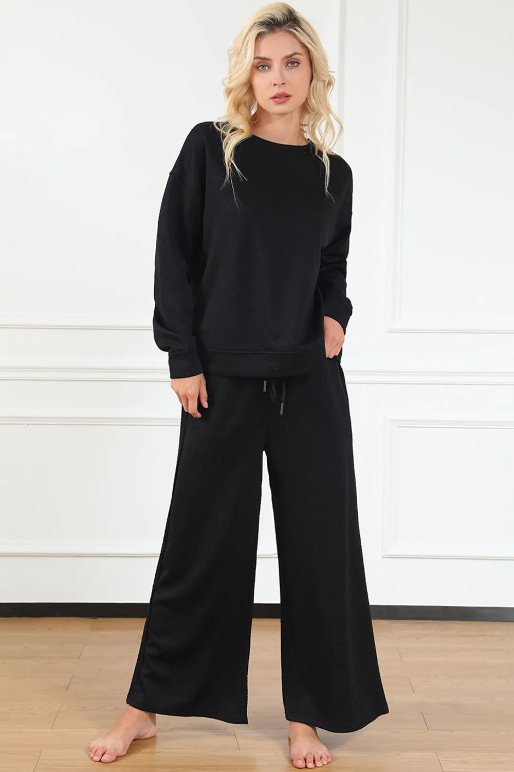 Double Take Full Size Textured Long Sleeve Top and Drawstring Pants Set - Velora Luxury Fashion