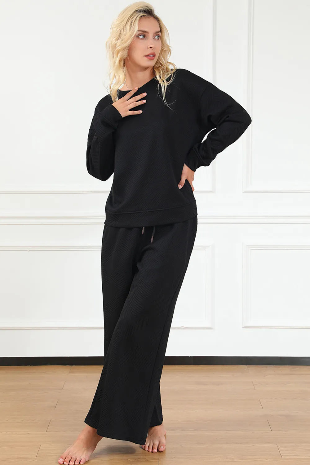 Double Take Full Size Textured Long Sleeve Top and Drawstring Pants Set - Velora Luxury Fashion
