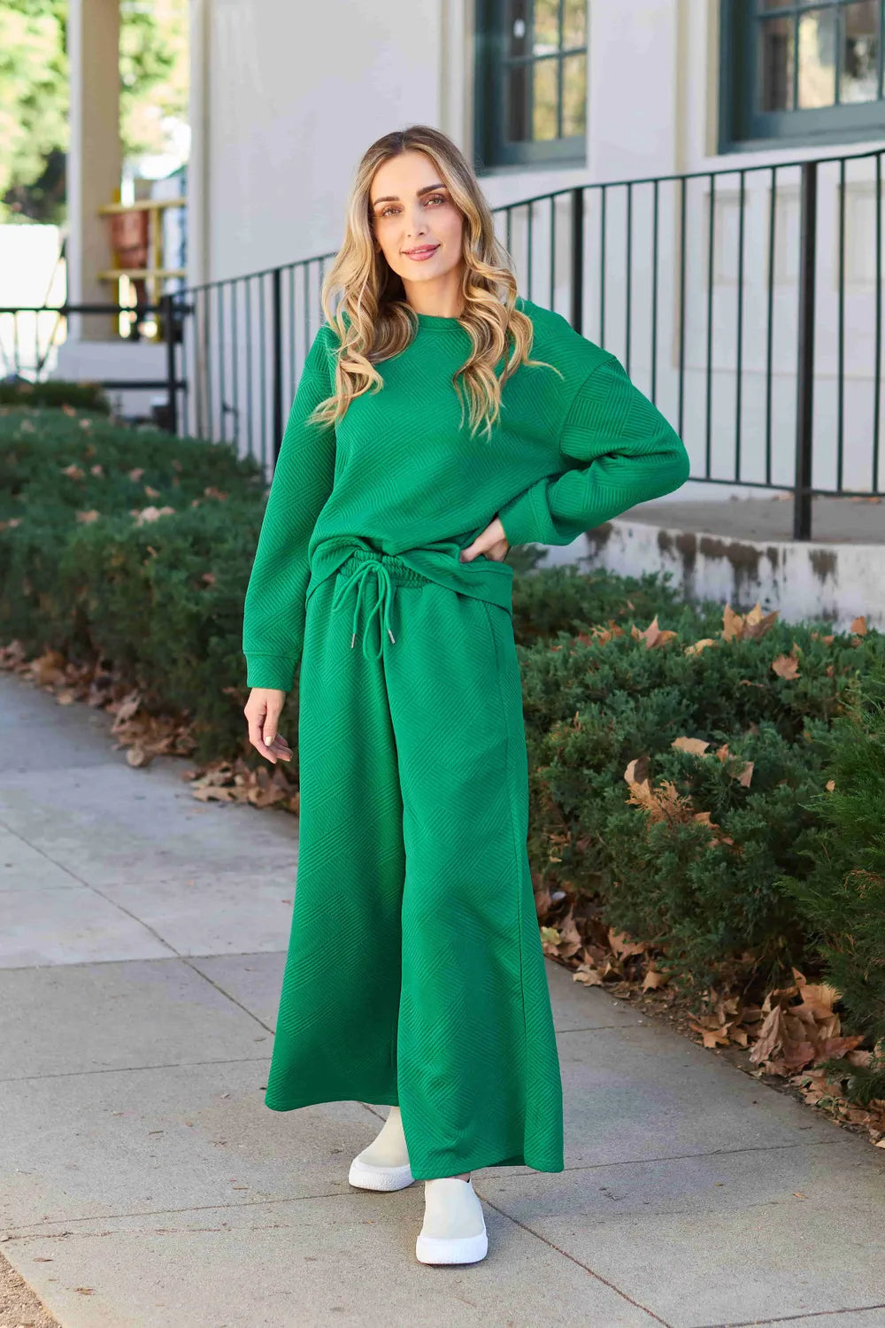 Double Take Full Size Textured Long Sleeve Top and Drawstring Pants Set - Velora Luxury Fashion