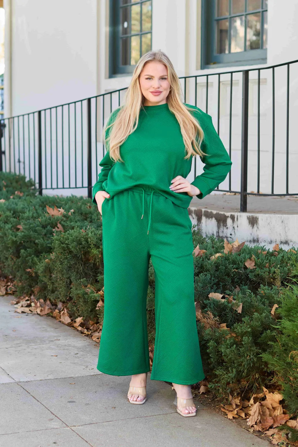 Double Take Full Size Textured Long Sleeve Top and Drawstring Pants Set - Velora Luxury Fashion