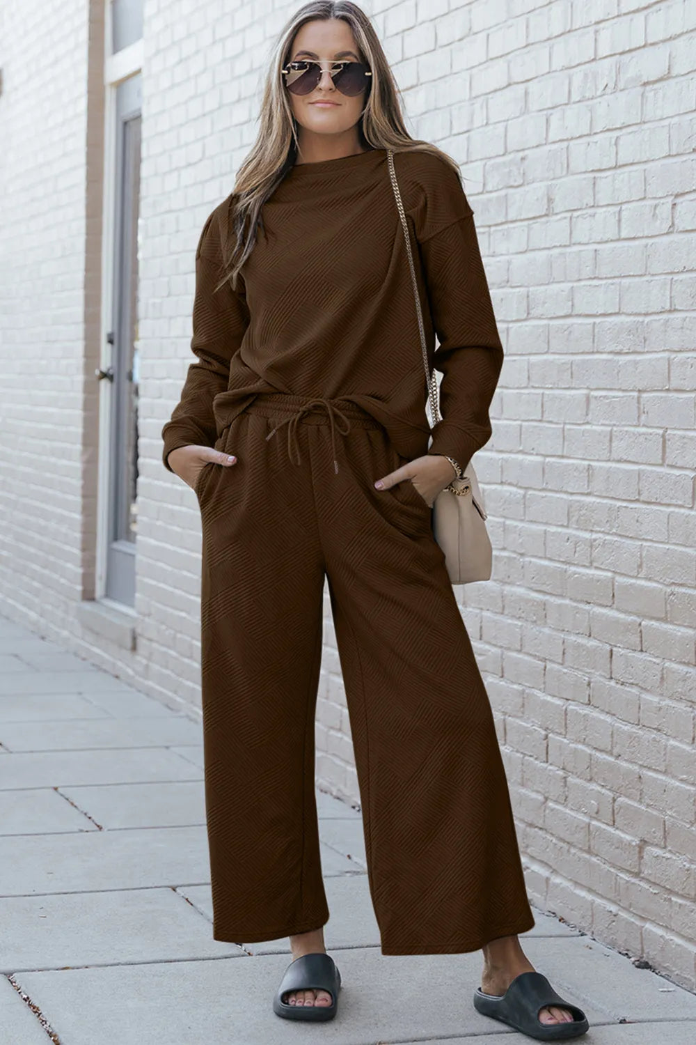 Double Take Full Size Textured Long Sleeve Top and Drawstring Pants Set - Velora Luxury Fashion