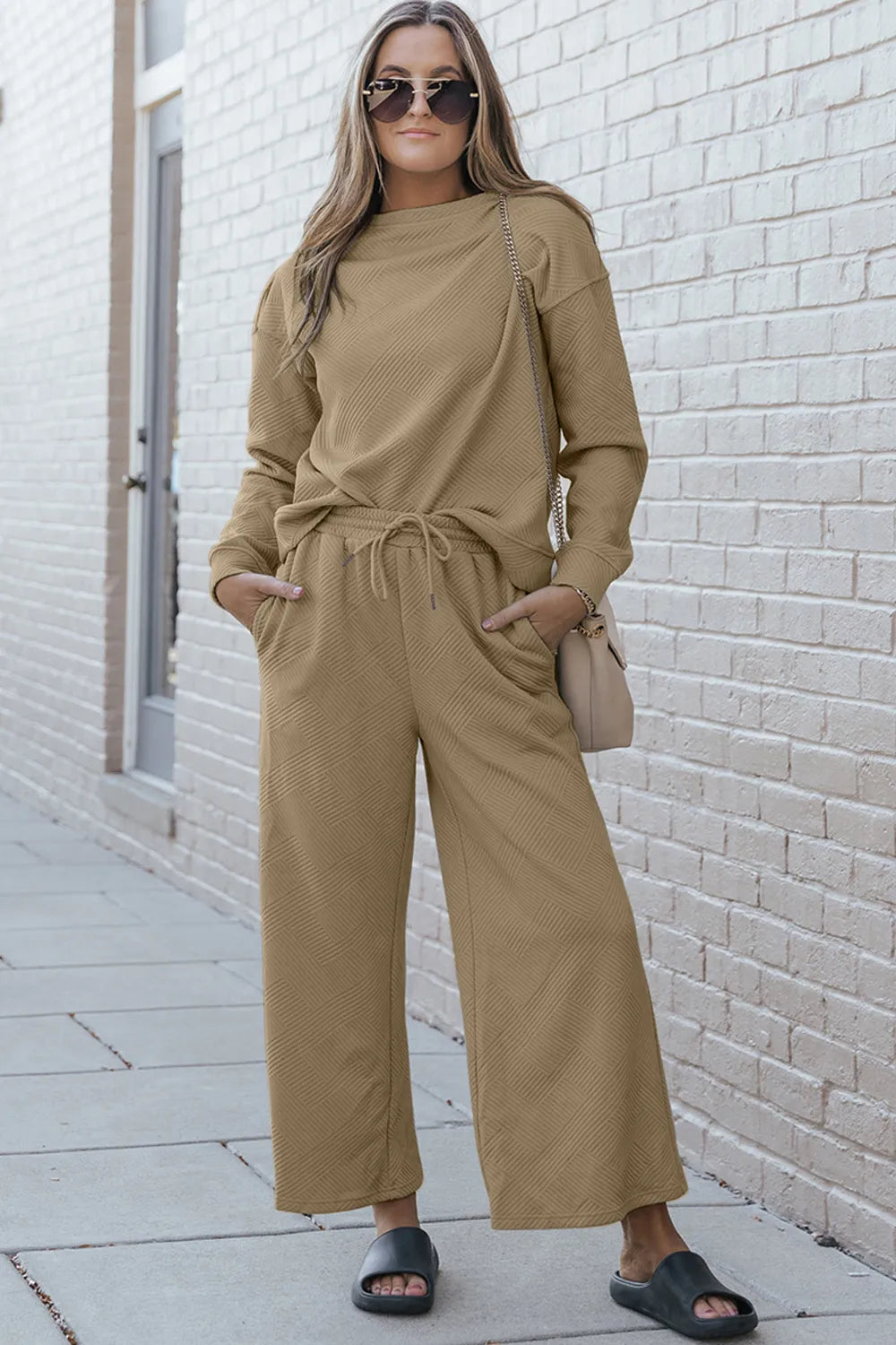 Double Take Full Size Textured Long Sleeve Top and Drawstring Pants Set - Velora Luxury Fashion