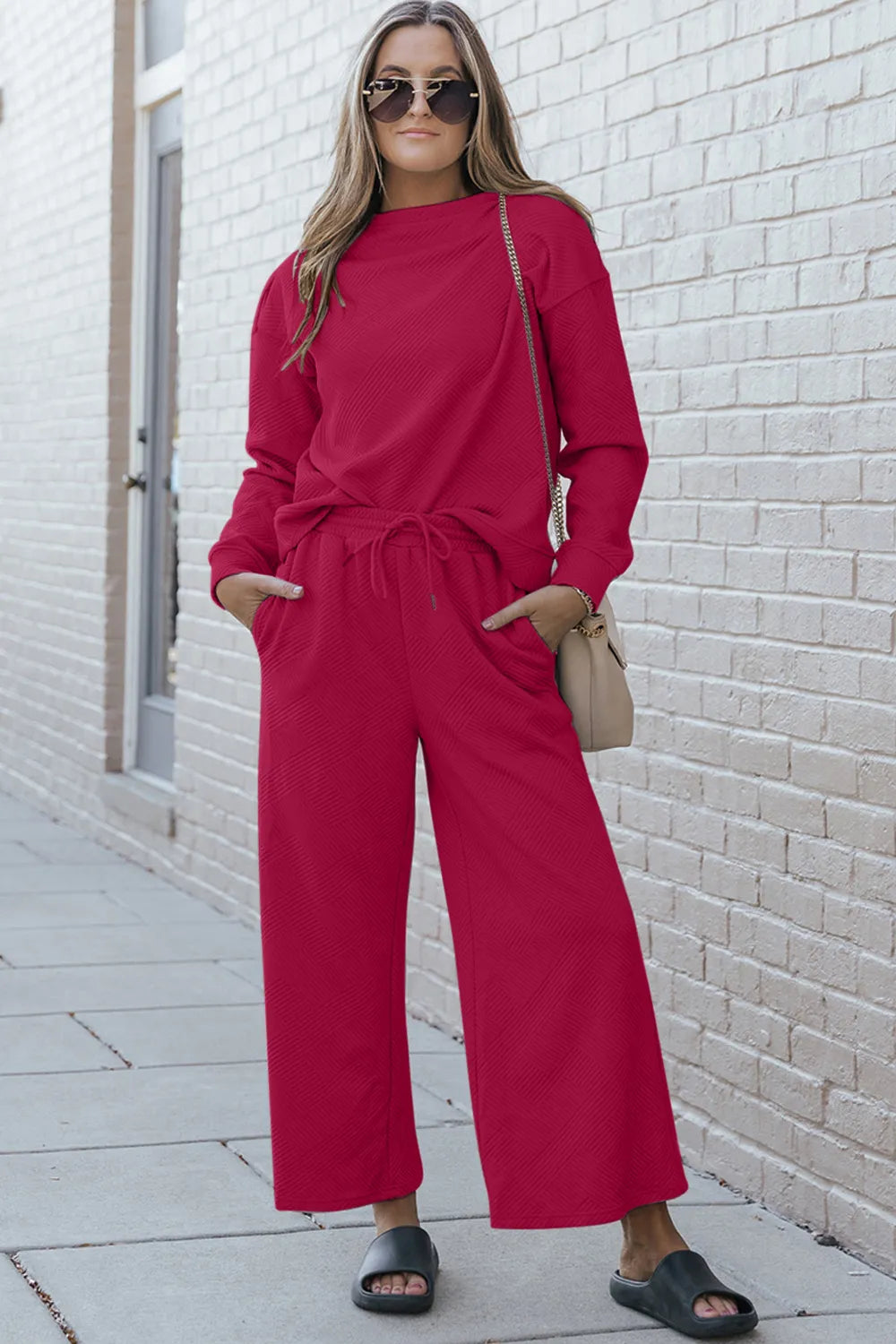 Double Take Full Size Textured Long Sleeve Top and Drawstring Pants Set - Velora Luxury Fashion