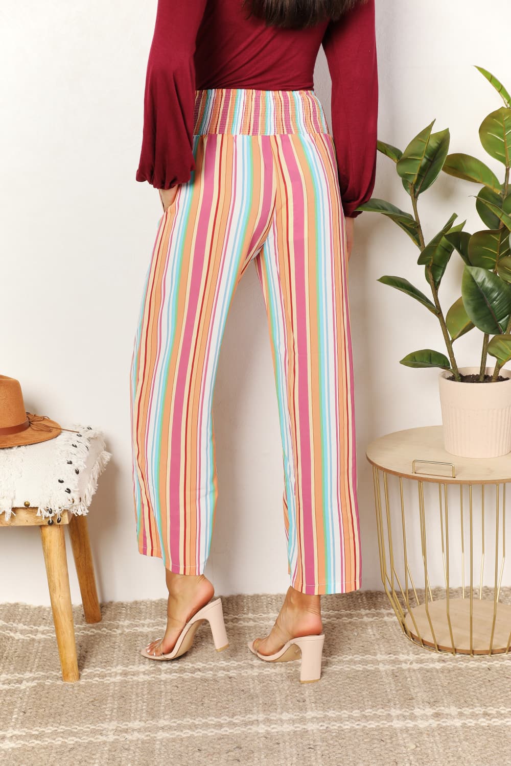 Double Take Striped Smocked Waist Pants with Pockets - Velora Luxury Fashion
