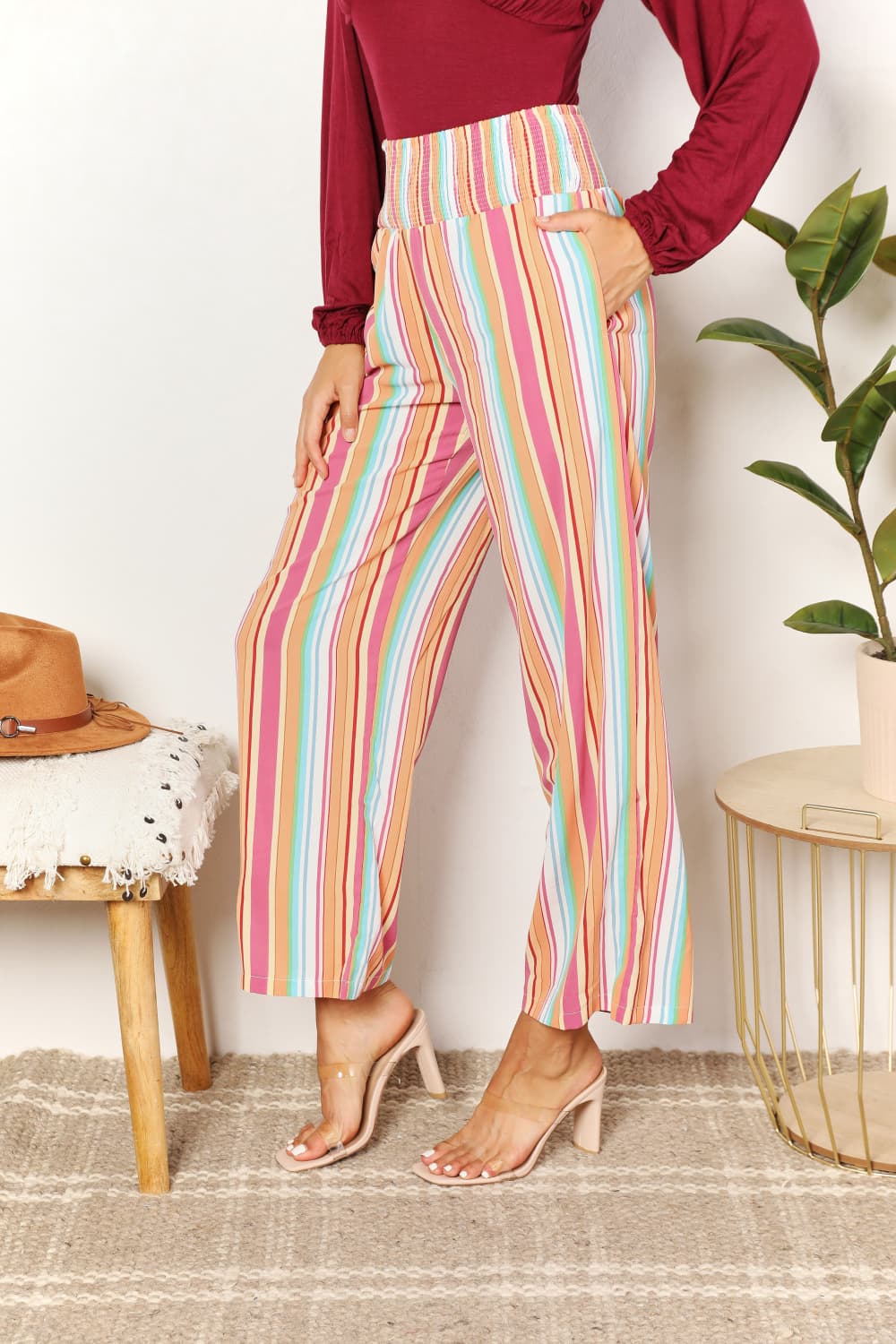 Double Take Striped Smocked Waist Pants with Pockets - Velora Luxury Fashion