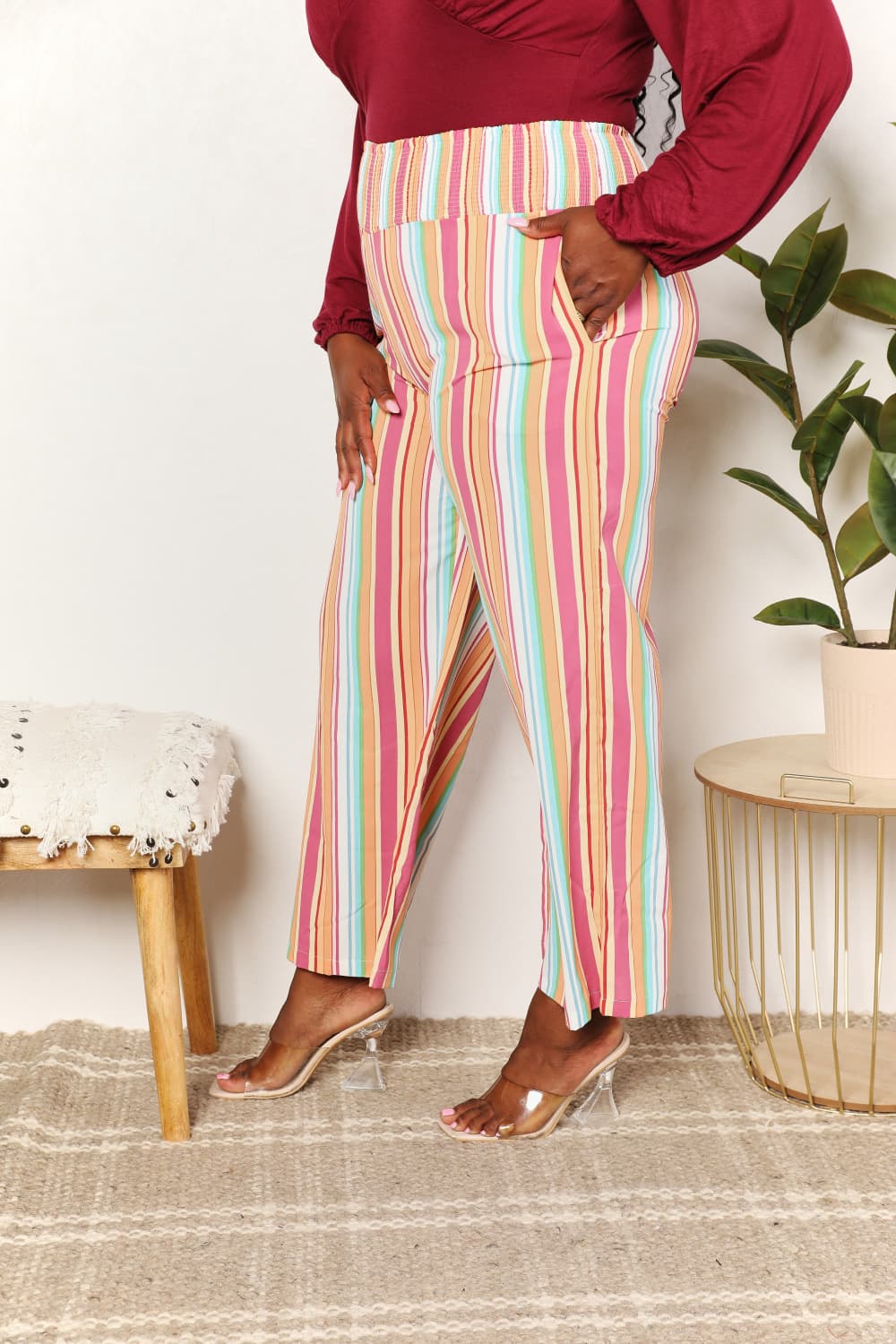 Double Take Striped Smocked Waist Pants with Pockets - Velora Luxury Fashion