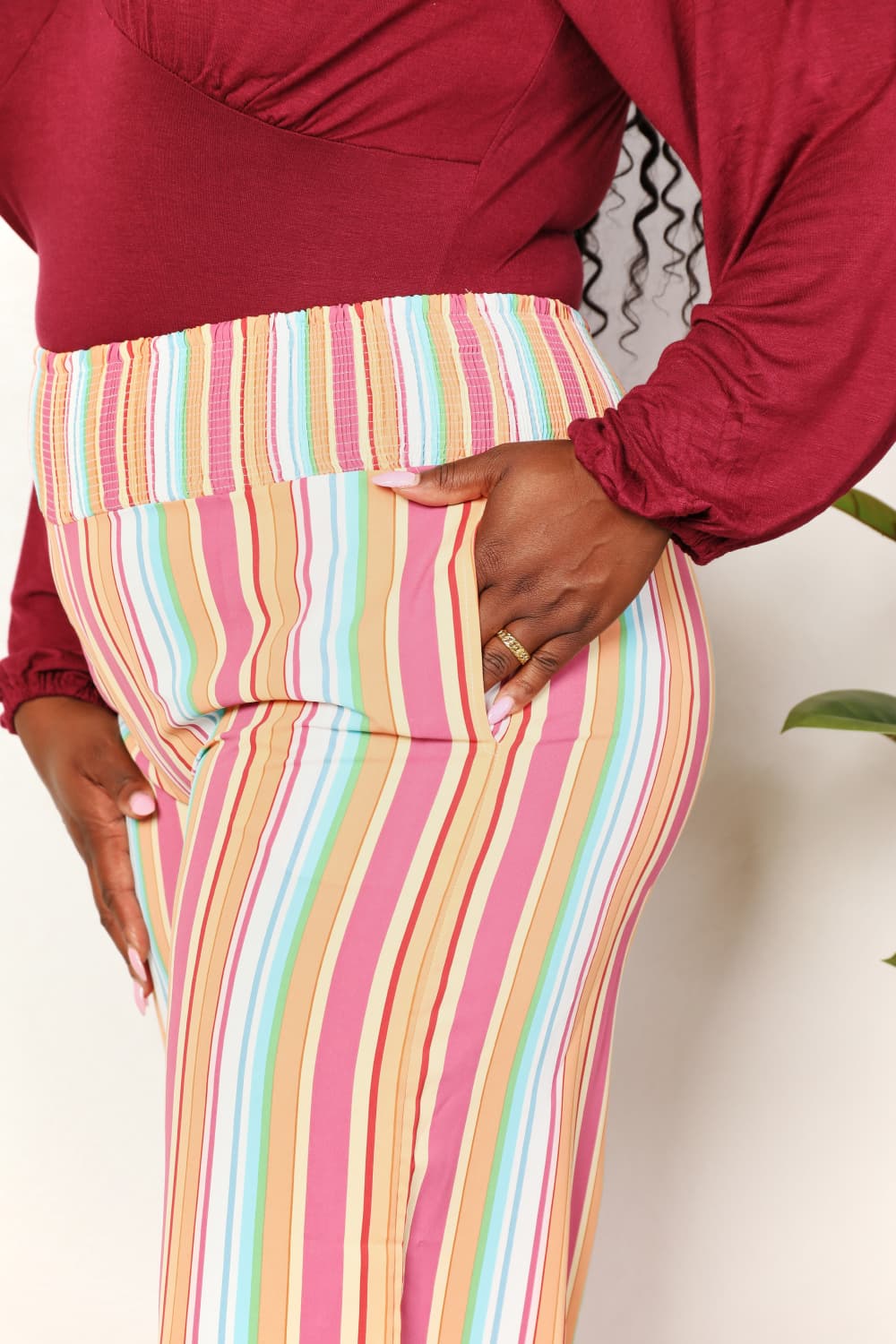 Double Take Striped Smocked Waist Pants with Pockets - Velora Luxury Fashion