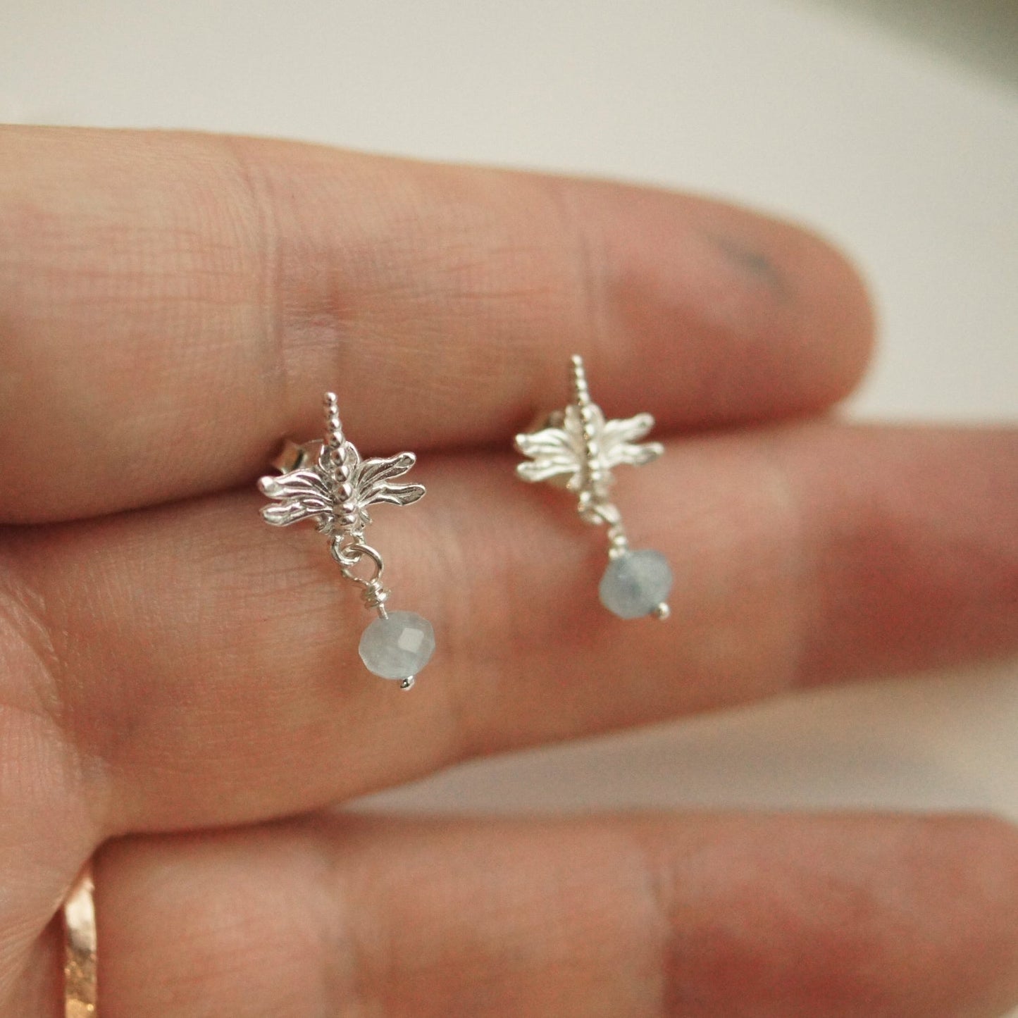 Dragonfly and Aquamarine Silver Earrings