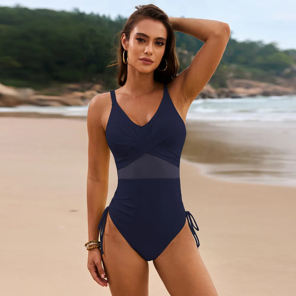 Drawstring Ruched V-Neck One-Piece Swimwear - Velora Luxury Fashion