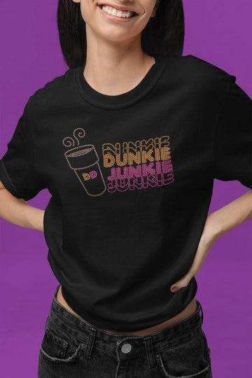 Dunkin Junkie Rhinestone Shirt – Coffee Lover Sparkle Bling Tee | Blingdazzel