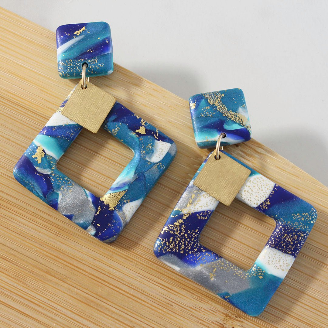 EMERY - Blue Lagoon Diamond Shaped Polymer Clay earrings with brass Dangles - Velora Luxury Fashion