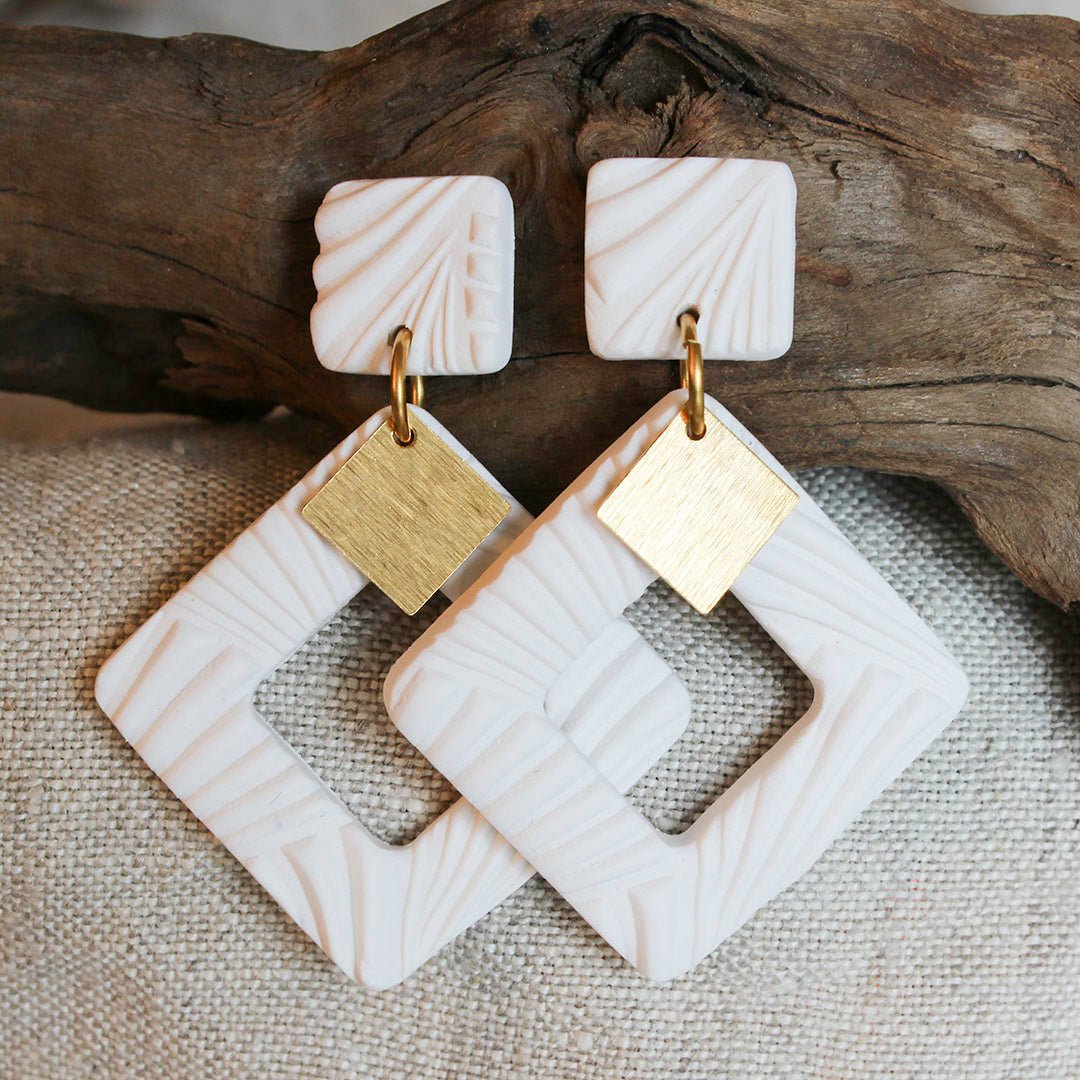 EMERY Earrings. Textured White, Polymer Clay statement Earrings with brass Dangles - Velora Luxury Fashion