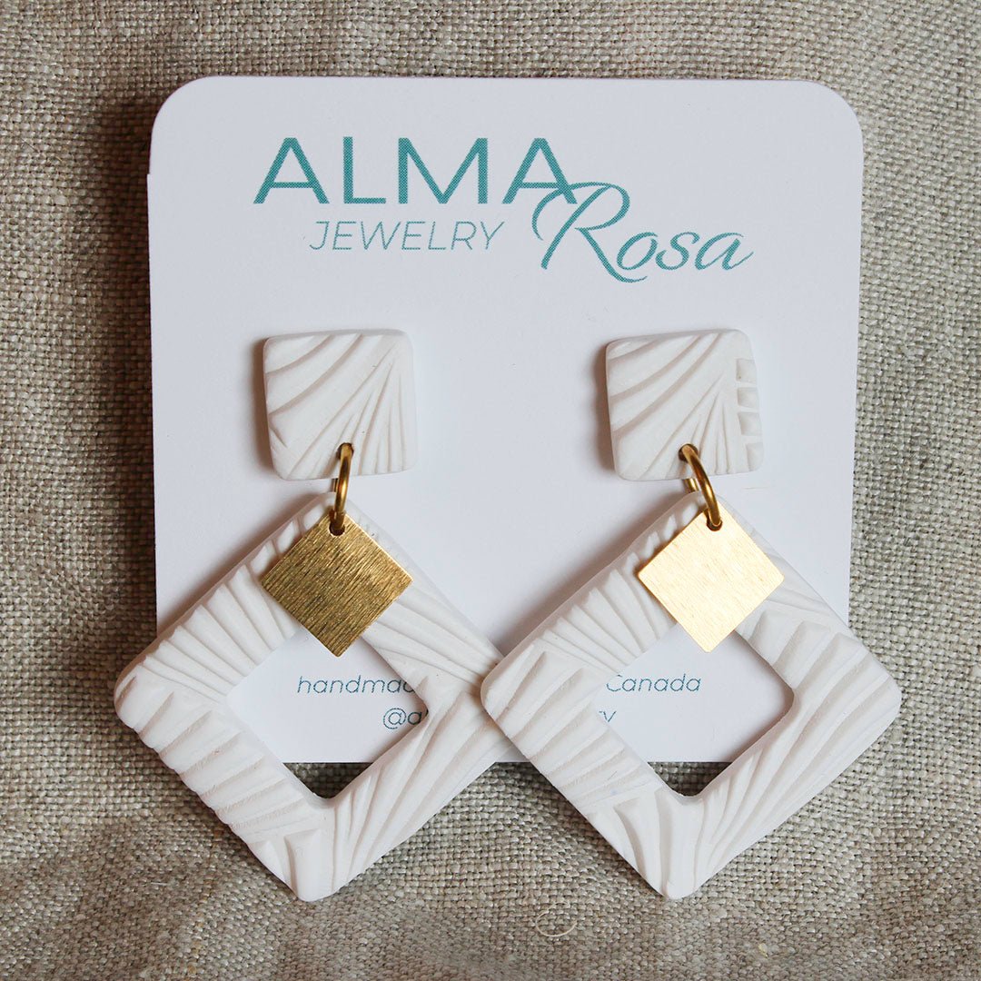 EMERY Earrings. Textured White, Polymer Clay statement Earrings with brass Dangles - Velora Luxury Fashion