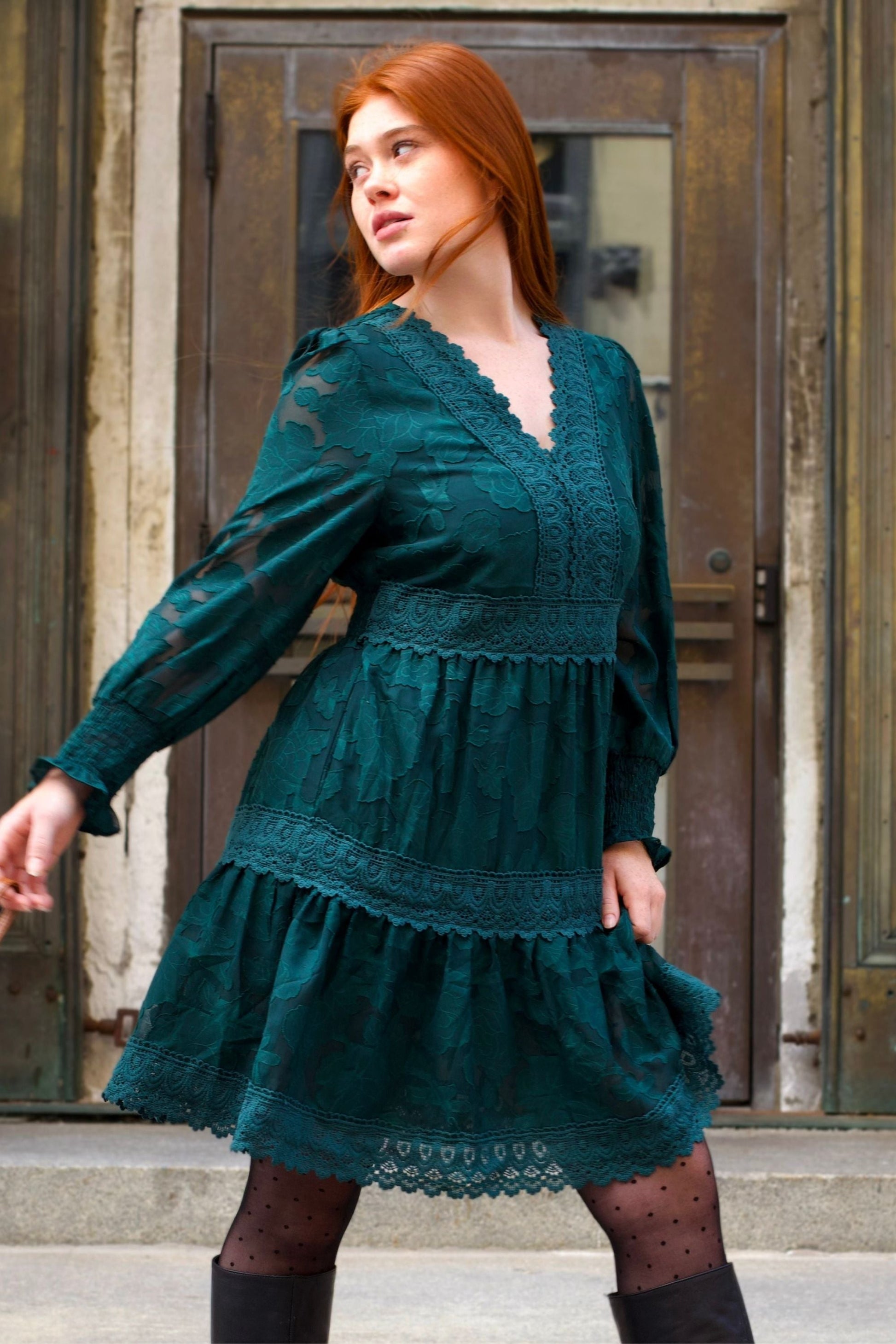 Edith Floral Lace Boho Mini Dress Long Sleeves V-Neck Detailing - Velora Luxury Fashion