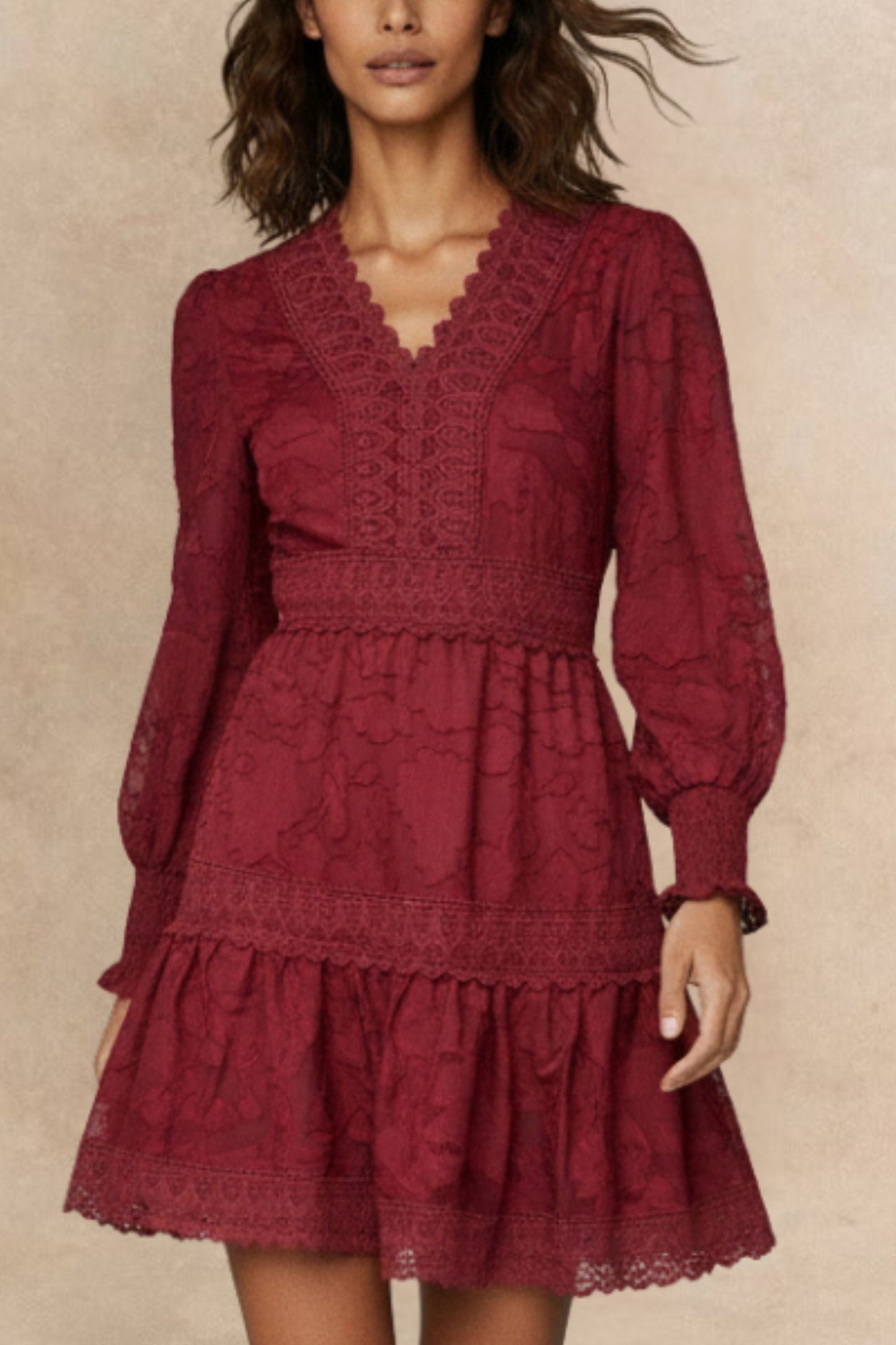 Edith Floral Lace Boho Mini Dress Long Sleeves V-Neck Detailing - Velora Luxury Fashion