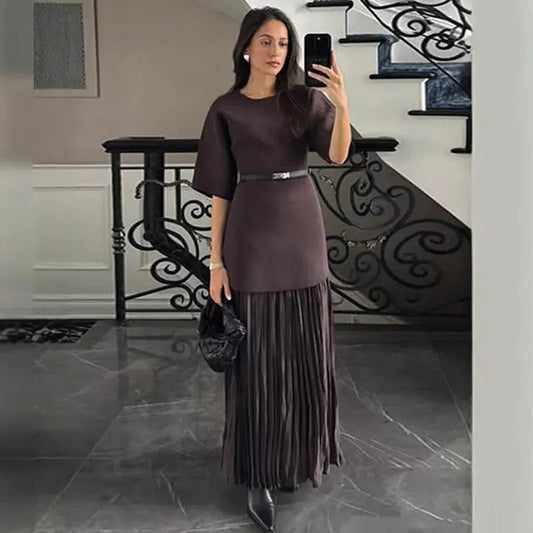Elegant Brown Patchwork Pleated Short Sleeves Long Dress EX-STOCK Canada