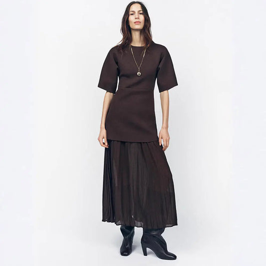 Elegant Brown Patchwork Pleated Short Sleeves Long Dress