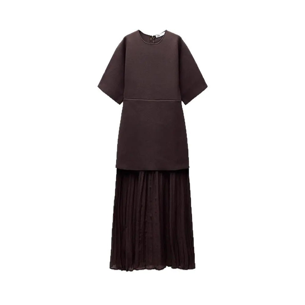 Elegant Brown Patchwork Pleated Short Sleeves Long Dress EX-STOCK Canada
