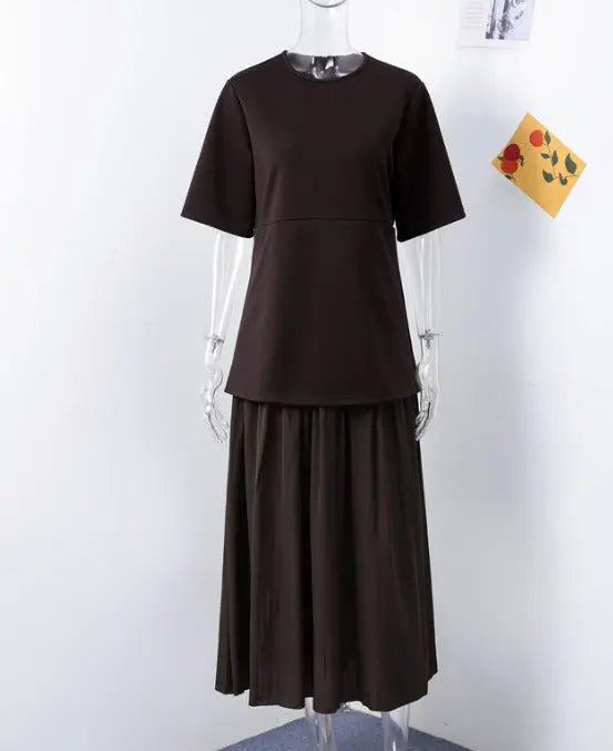Elegant Brown Patchwork Pleated Short Sleeves Long Dress EX-STOCK Canada